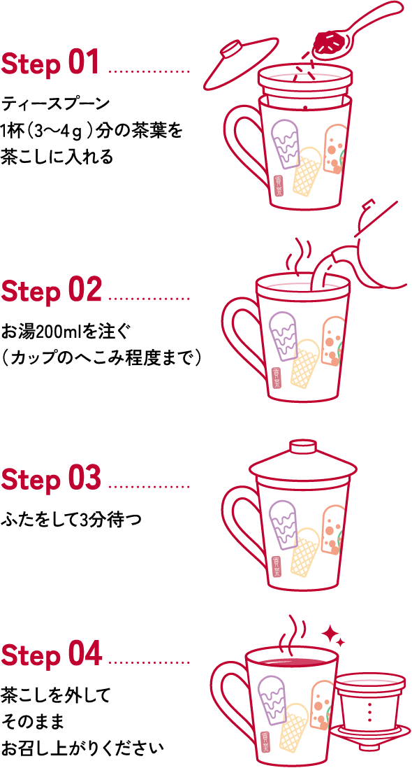 Step 01 ティースプーン1杯（3〜4g）分の茶葉を茶こしに入れる Step 02 お湯200mlを注ぐ（カップのへこみ程度まで） Step 03 ふたをして3分待つ Step 04 茶こしを外してそのままお召し上がりください